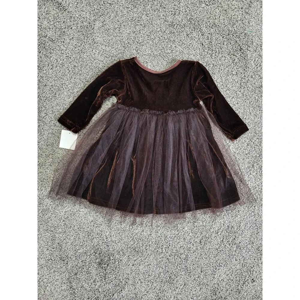 VTG Y2K Girls Velvet Tulle Party Dress 12M Brown Rosette USA Long Sleeve NWT